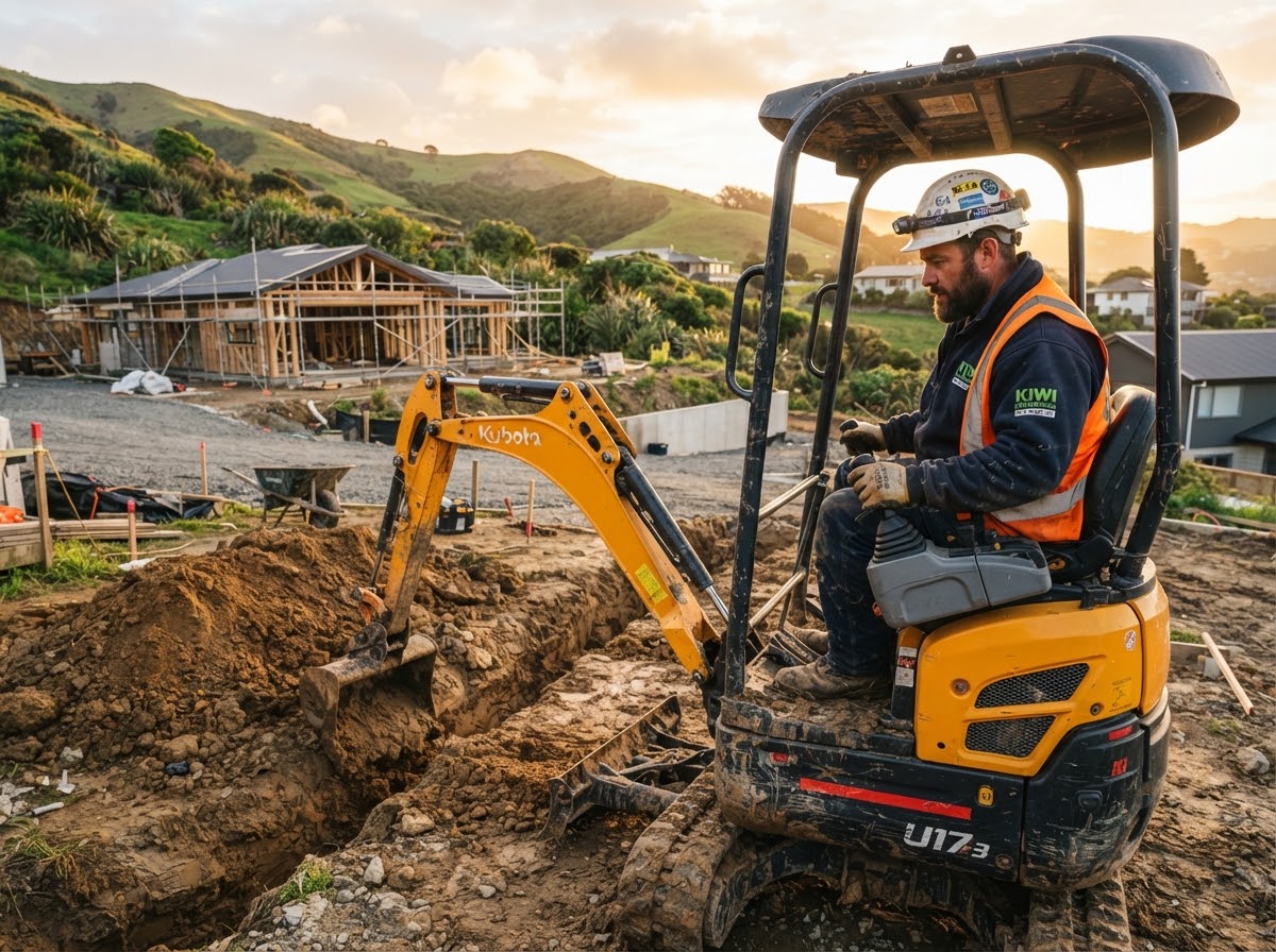New Zealand tradesperson operating an excavator on a residential worksite