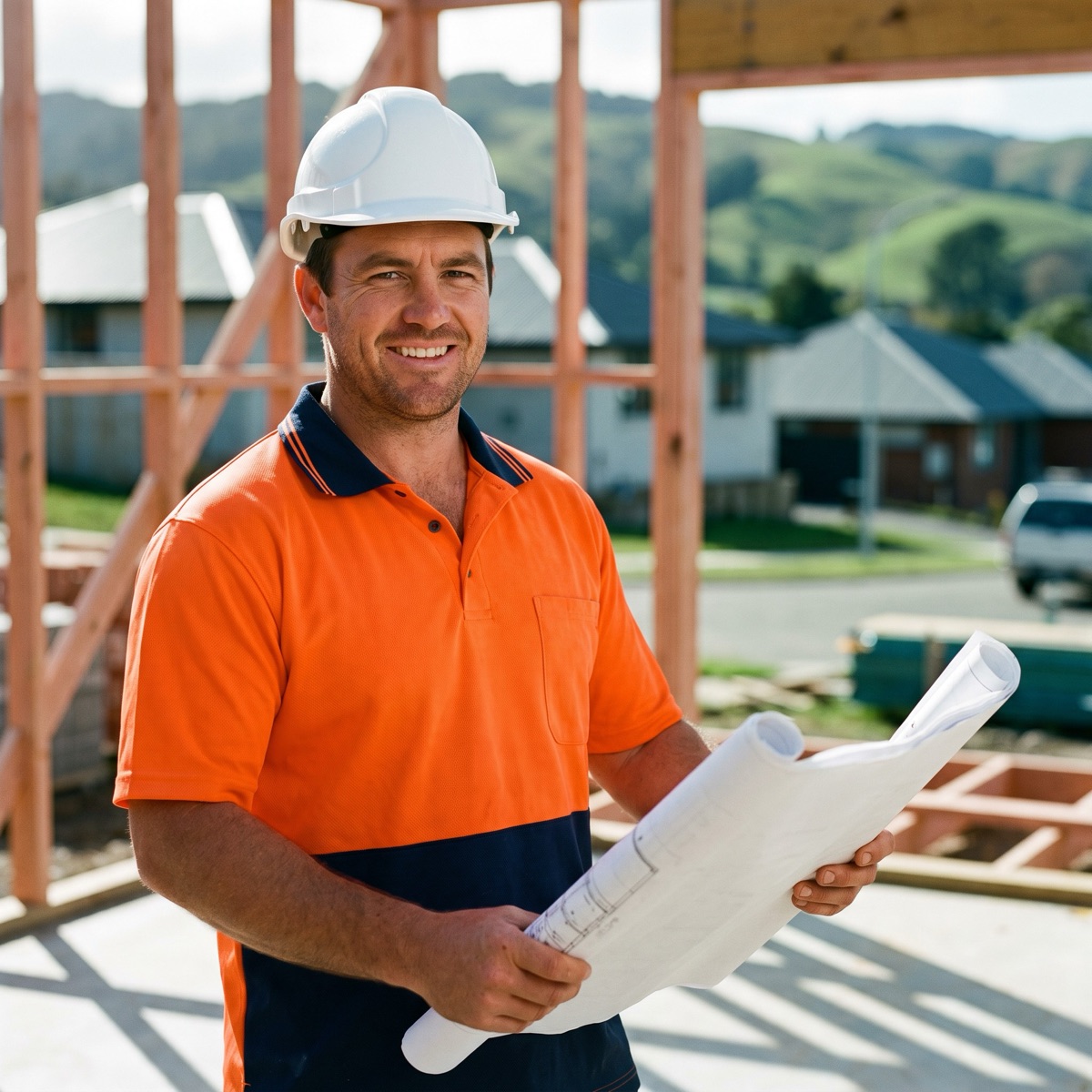 Smiling New Zealand tradie holding building plans on a residential building site