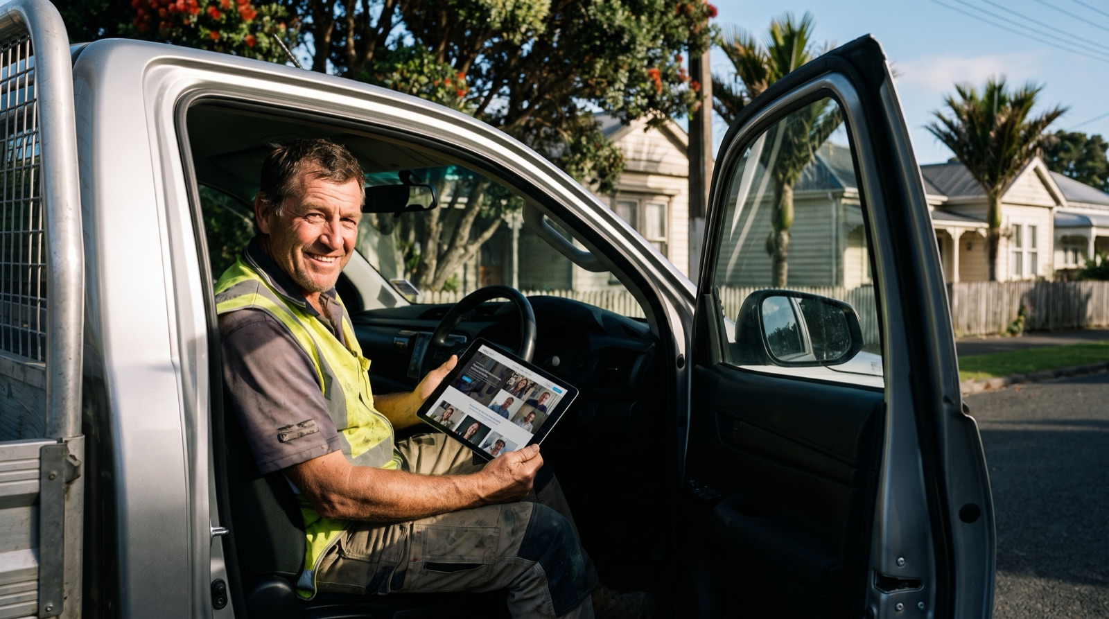 Tradie in his ute on a video call, looking at a website design on a tablet