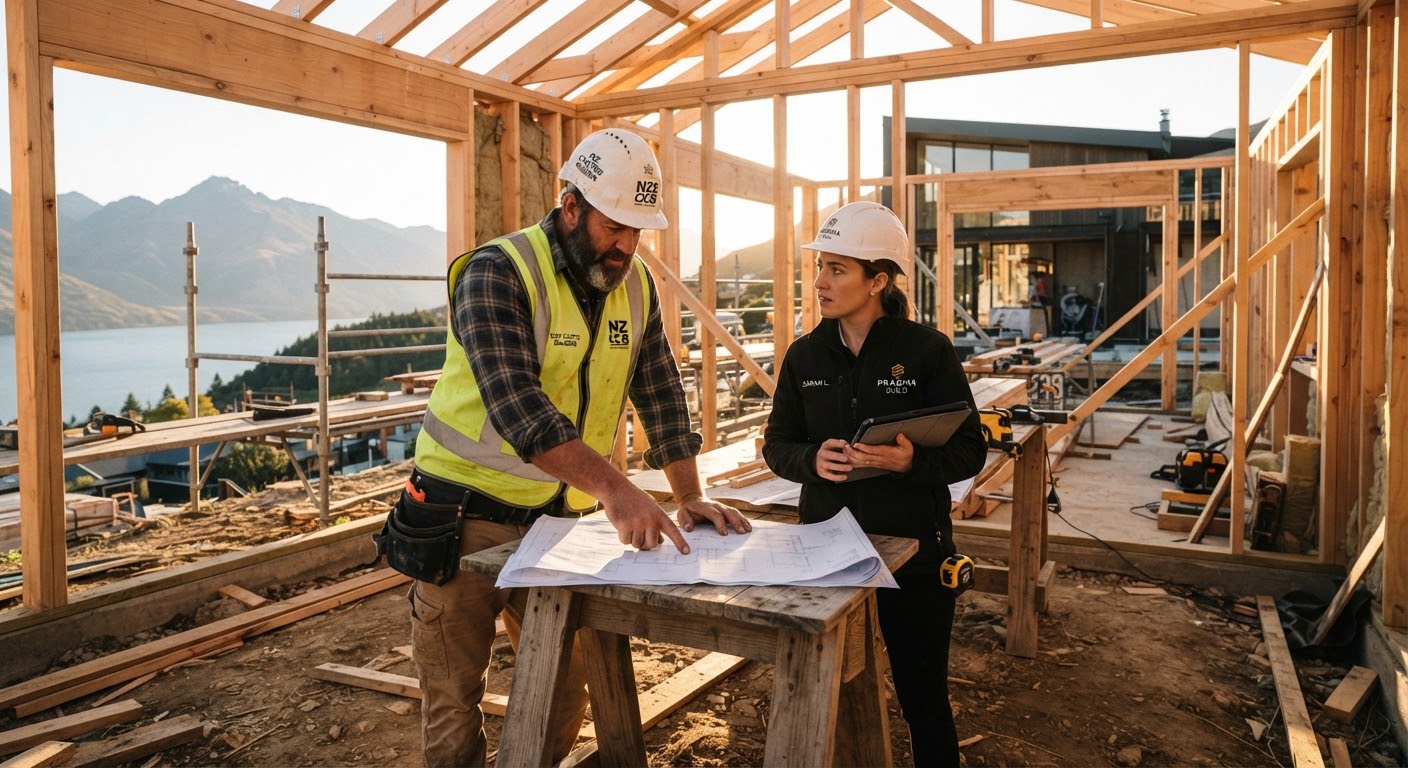 New Zealand builder and project manager reviewing plans inside a timber-framed renovation