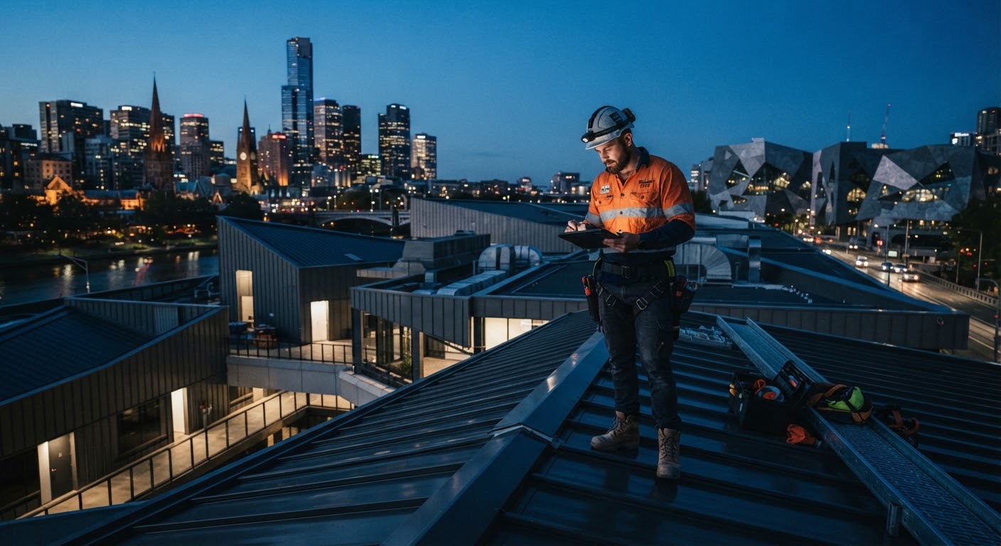 Roofer in high-vis checking a finished metal roof at dusk