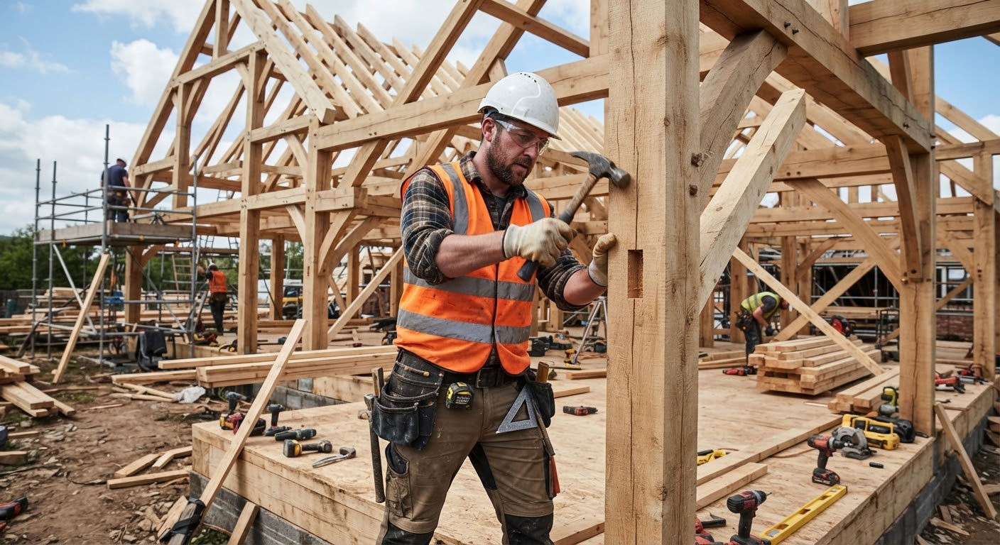 Builder working with timber framing on site