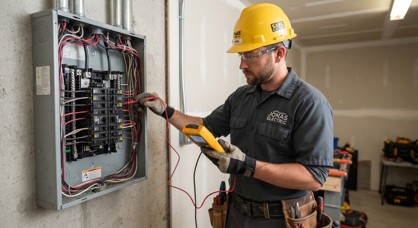 Electrician testing breaker board with yellow hardhat
