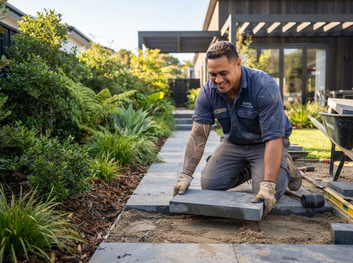 Samoan landscaper working on a residential garden landscaping project