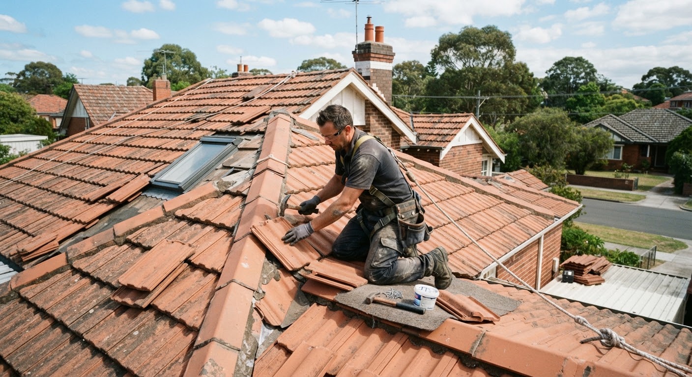 Roofer fixing residential tiled roofing